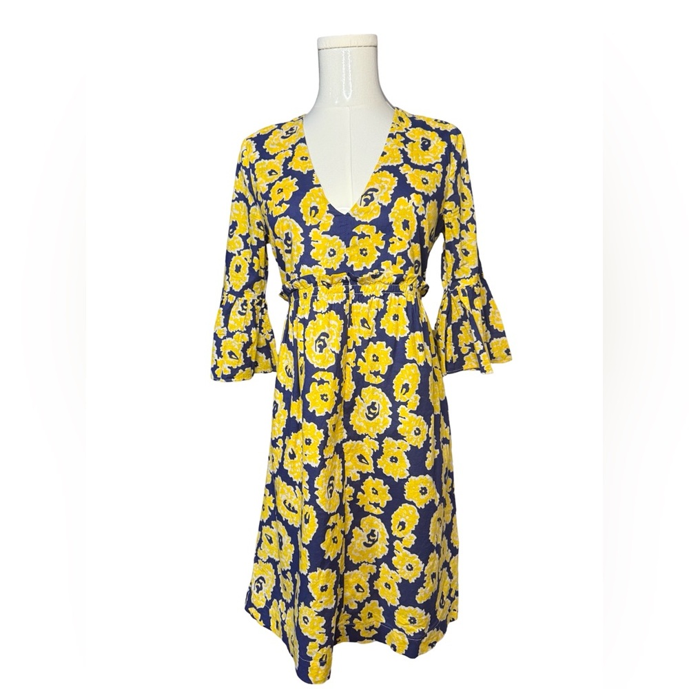 Anthropologie Whit Two Yellow & Blue Floral Fit & Flare %100 Cotton Dress Sz XSP